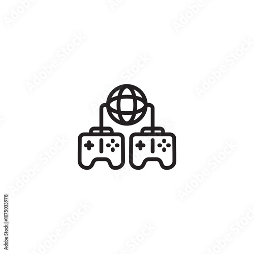 A simple line drawing of two game controllers connected to a globe on icon. A symbol of online gaming, multiplayer gaming, and connecting with gamers worldwide. Editable icon.