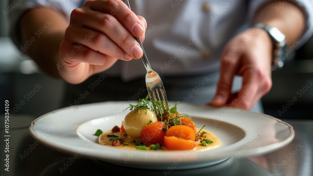 A chef skillfully arranges a delectable dessert featuring seasonal fruits, herbs, and a scoop of ice cream on a pristine plate. The atmosphere is elegant, reflecting a fine dining experience. A chef skillfully arranges a delectable dessert featuring seasonal fruits, herbs, and a scoop of ice cream on a pristine plate. The atmosphere is elegant, reflecting a fine dining experience.