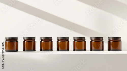 A row of amber glass jars lined up on a shelf, illuminated by soft shadows, showcasing a minimalist aesthetic.
