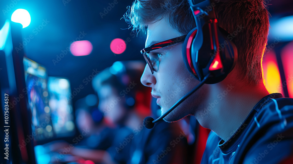 Focused gamers in competitive tournament setting, wearing headsets and concentrating on their screens. atmosphere is intense with vibrant lighting enhancing scene Focused gamers in competitive tournament setting, wearing headsets and concentrating on their screens. atmosphere is intense with vibrant lighting enhancing scene