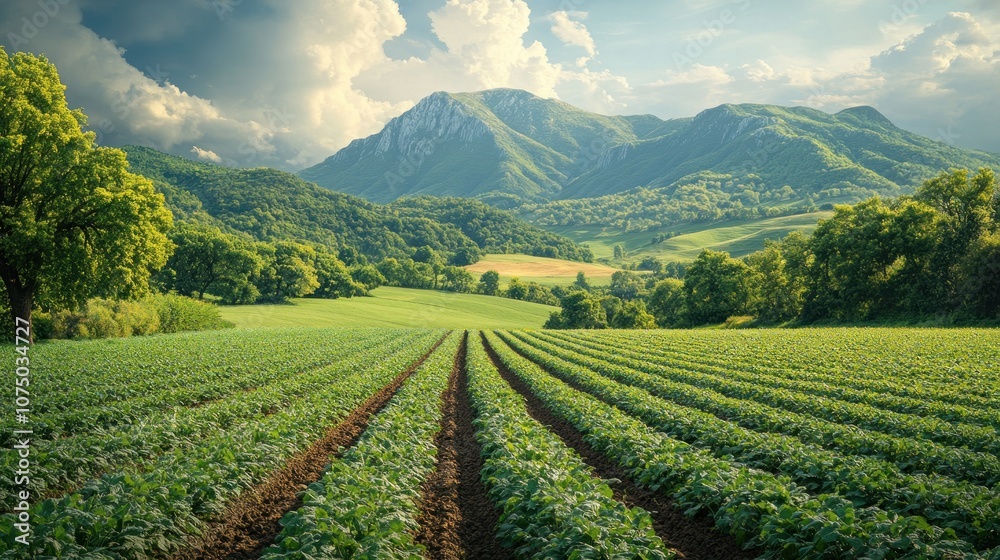 Lush green fields with mountains under a cloudy sky. Lush green fields with mountains under a cloudy sky.