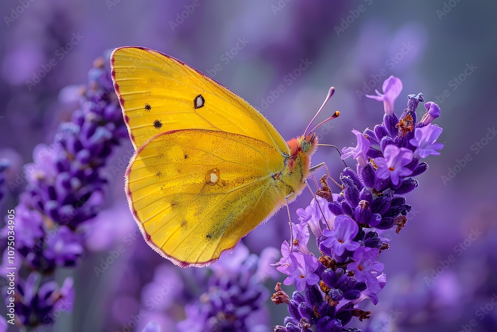 Naklejka premium Yellow Butterfly on Lavender Blossom in Vibrant Floral Setting for Nature Themes