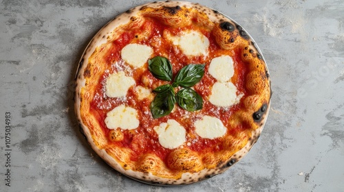 Italian Pizza with Mozzarella, Tomatoes, and Basil on a Grey Concrete Background