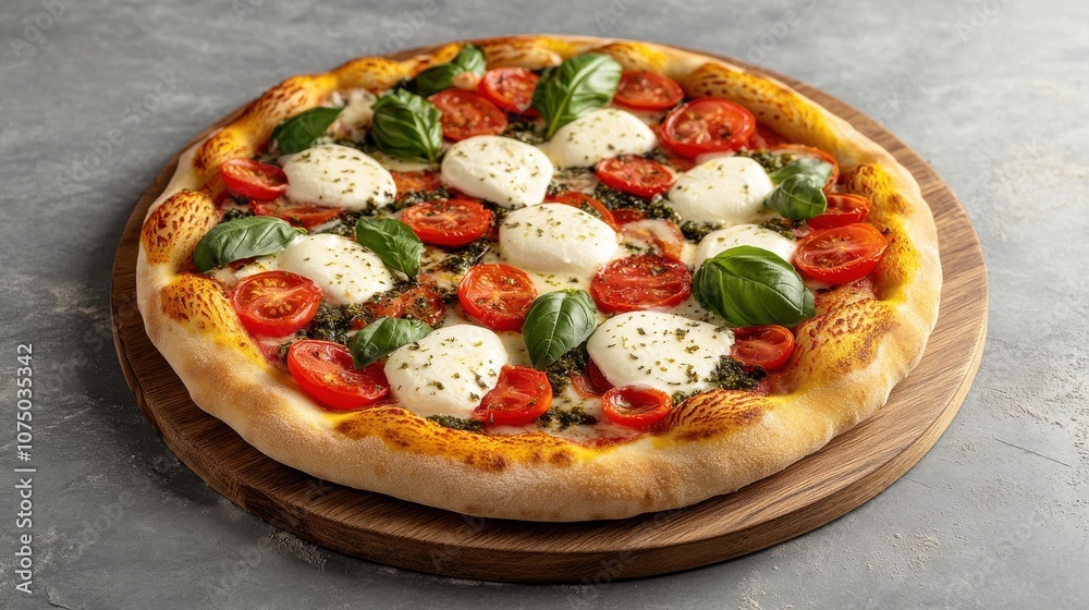 Italian Pizza with Mozzarella, Tomatoes, and Basil on a Grey Concrete Background Italian Pizza with Mozzarella, Tomatoes, and Basil on a Grey Concrete Background