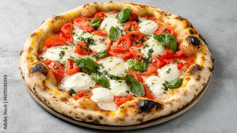 Italian Pizza with Mozzarella, Tomatoes, and Basil on a Grey Concrete Background Italian Pizza with Mozzarella, Tomatoes, and Basil on a Grey Concrete Background