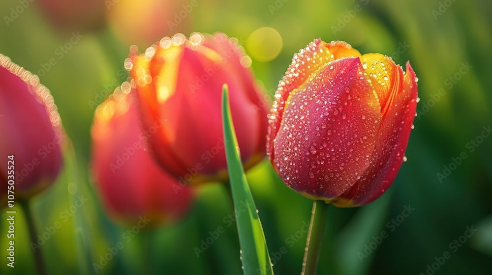 Fototapeta premium Close-up of vibrant tulips in a garden, dew drops on petals, warm morning light, blurred green background,
