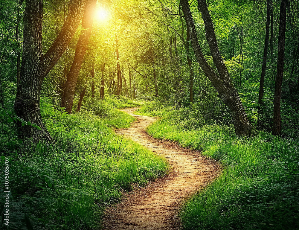Fototapeta premium a forest path leading through an ancient woodland, with tall trees and green grasses