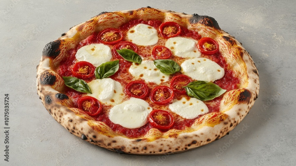 Italian Pizza with Mozzarella, Tomatoes, and Basil on a Grey Concrete Background Italian Pizza with Mozzarella, Tomatoes, and Basil on a Grey Concrete Background