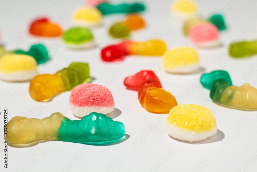Colorful gummy candies on isolated white background Colorful gummy candies on isolated white background