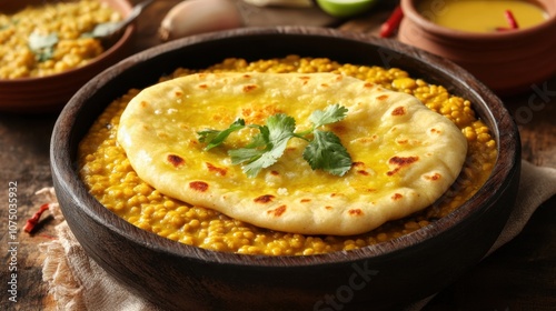 Naan Bread Brushed with Ghee on a Wooden Bowl