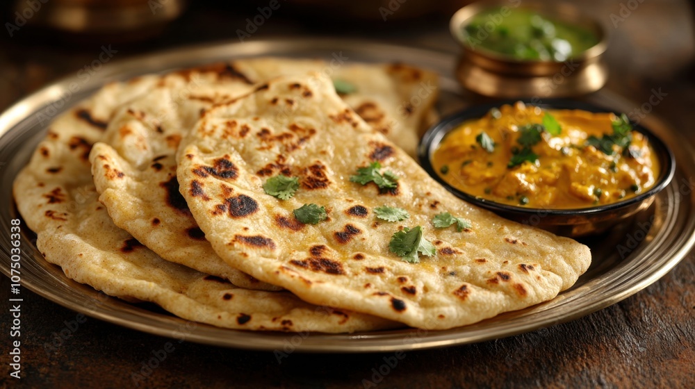 Freshly Baked Naan Bread with Butter and Side Dishes Freshly Baked Naan Bread with Butter and Side Dishes
