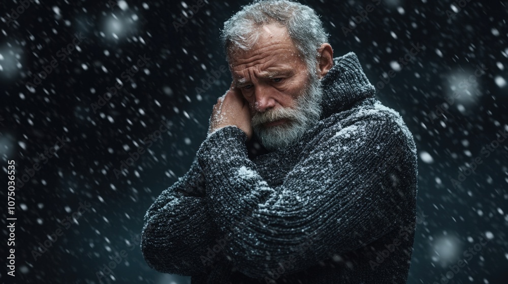 Elderly man with a beard in a dark sweater hugging himself while standing in a snowstorm, with snow falling around him, intense expression, dark winter background Elderly man with a beard in a dark sweater hugging himself while standing in a snowstorm, with snow falling around him, intense expression, dark winter background