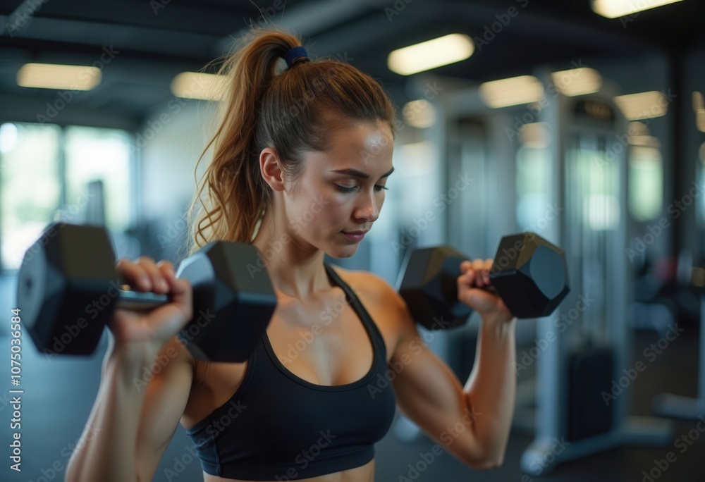 A focused young woman in workout attire lifts dumbbells in a contemporary gym. She is engaged in strength training, concentrating on her form as natural light fills the space. The setting features var A focused young woman in workout attire lifts dumbbells in a contemporary gym. She is engaged in strength training, concentrating on her form as natural light fills the space. The setting features var