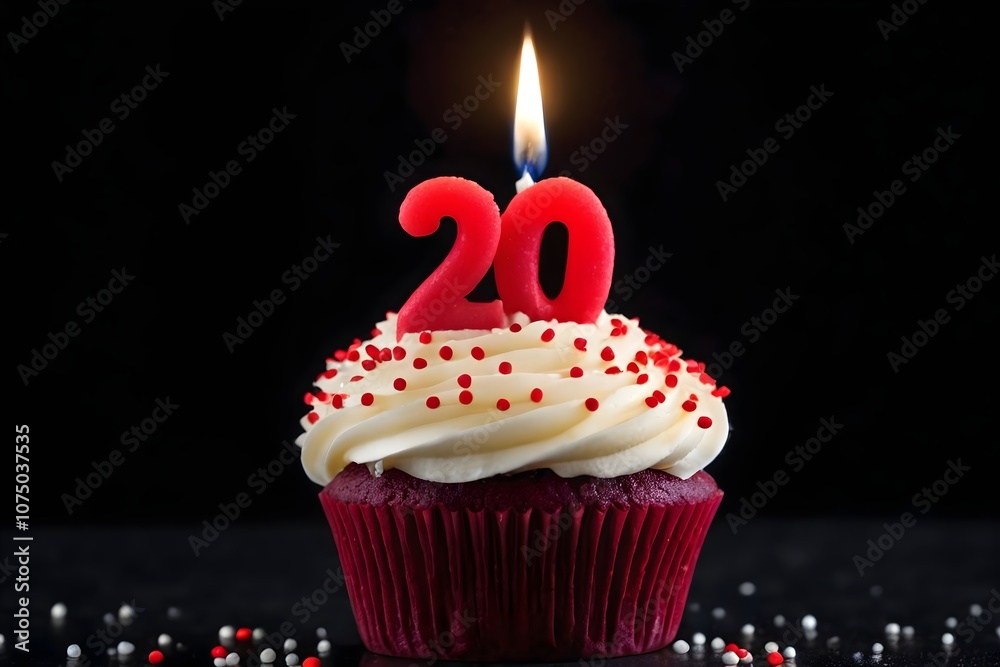 20th birthday cupcake with whipped cream and number 20 candle, isolated on dark background with bokeh lights 20th birthday cupcake with whipped cream and number 20 candle, isolated on dark background with bokeh lights