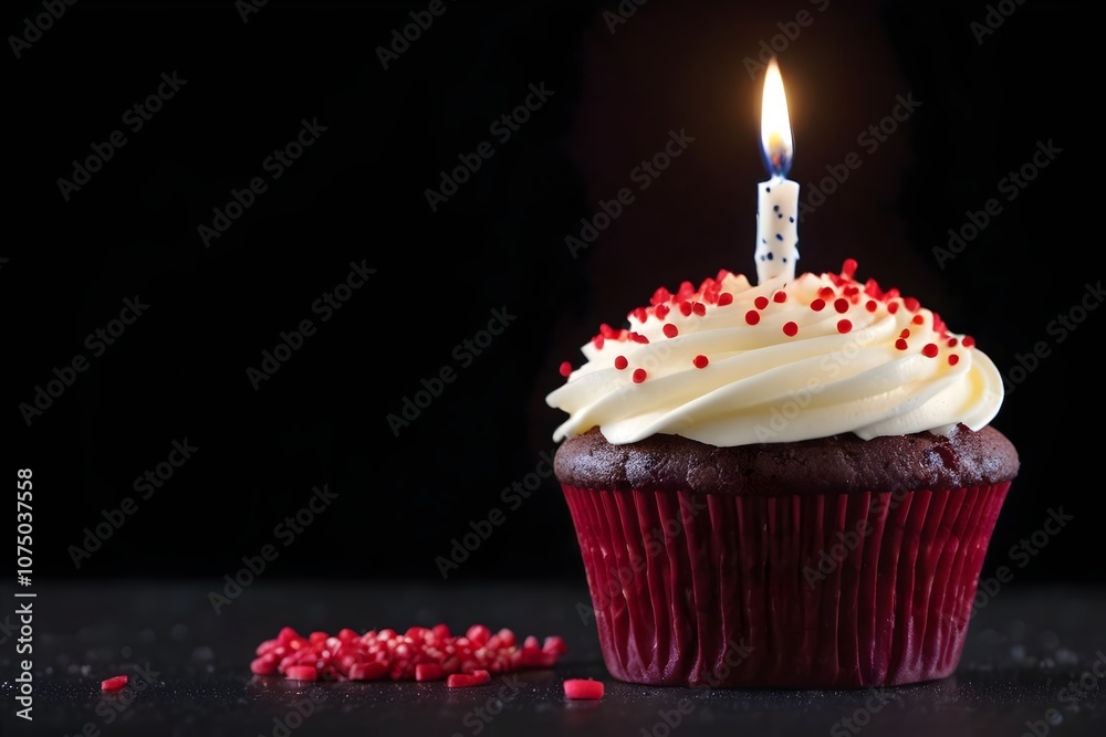 Cupcake with whipped cream, red sprinkles, and lit birthday candle on black background with empty space for text Cupcake with whipped cream, red sprinkles, and lit birthday candle on black background with empty space for text