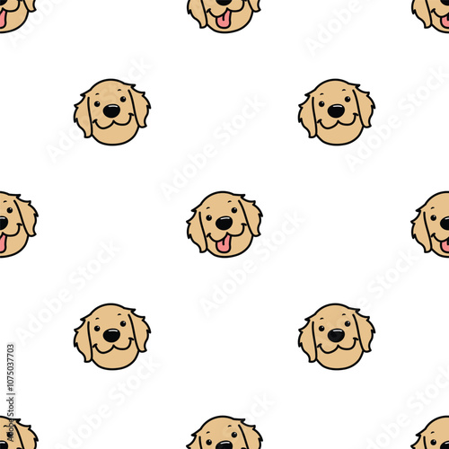 Funny golden retriever dog face cartoon seamless pattern, vector illustration