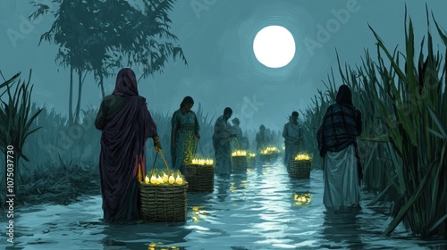 People Celebrating the Festival of Chha at Night photo