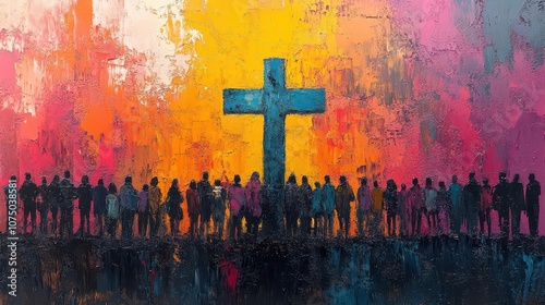 crowd gathered around the cross, depicted in a modern painting style, conveying themes of faith, community, and spirituality through abstract representation