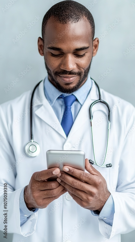 A focused doctor in a white coat checks his smartphone, blending modern technology with healthcare professionalism. A focused doctor in a white coat checks his smartphone, blending modern technology with healthcare professionalism.