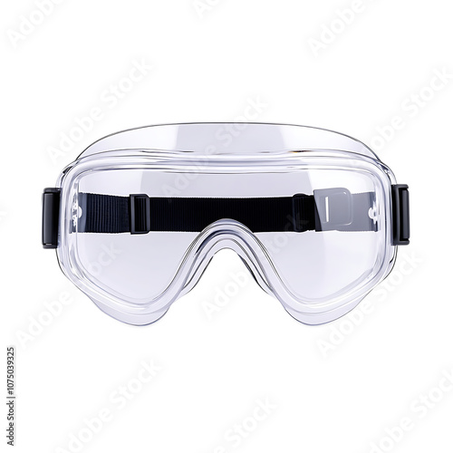 a pair of safety goggles, clear lenses with black frame, realistic reflections, isolated on white background