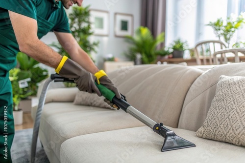 Wallpaper Mural A person in cleaning gloves uses a machine to deep clean a light colored sofa in a sunlit living room filled with plants and modern decor, ensuring a fresh and tidy environment for relaxation and comf Torontodigital.ca