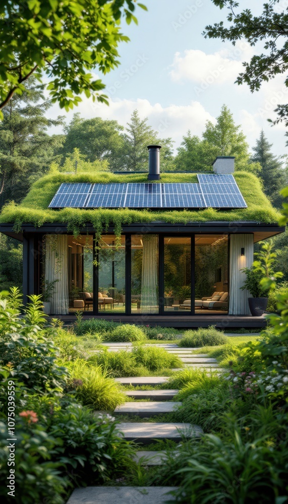 Eco-friendly tiny house with green roof and solar energy in lush greenery Eco-friendly tiny house with green roof and solar energy in lush greenery