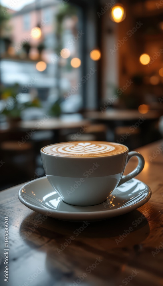 Artistic latte foam design in modern coffee shop with warm lighting Artistic latte foam design in modern coffee shop with warm lighting