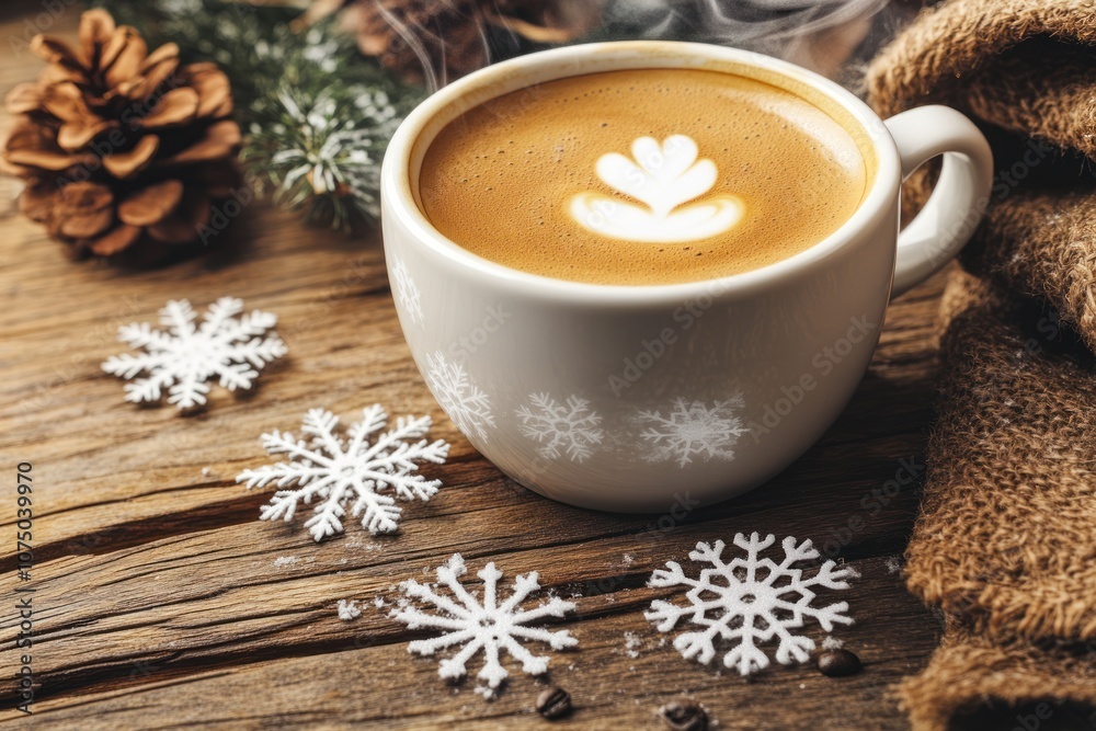 A cozy cup of coffee with festive snowflake decorations on a wooden surface. A cozy cup of coffee with festive snowflake decorations on a wooden surface.