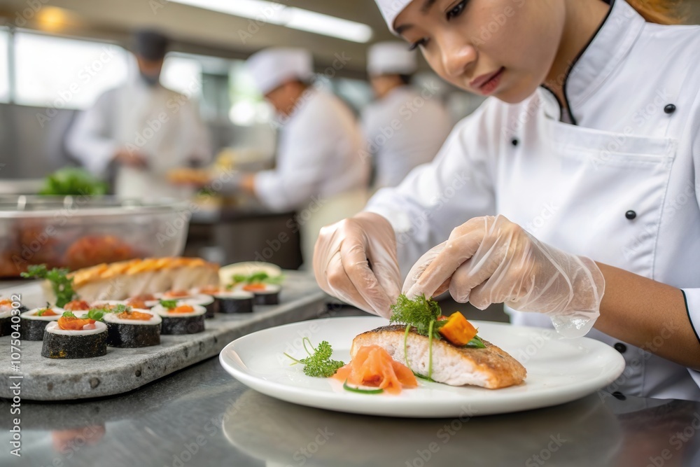 A skilled chef meticulously garnishes a plate of salmon with fresh herbs and vegetables. In the background, fellow chefs prepare sushi rolls, creating a bustling atmosphere in the professional kitchen A skilled chef meticulously garnishes a plate of salmon with fresh herbs and vegetables. In the background, fellow chefs prepare sushi rolls, creating a bustling atmosphere in the professional kitchen