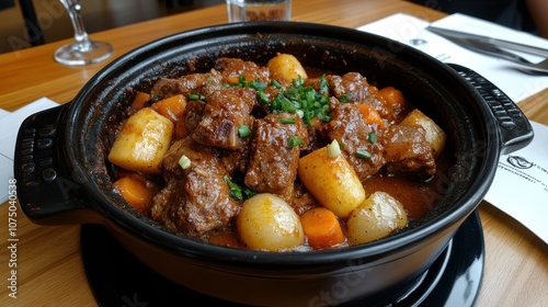 A hearty dish of braised lamb shoulder with vegetables, steeped in rich sauce, invites with its irresistible aroma and home-style warmth.