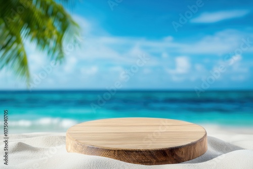 Empty wooden podium displaying products on tropical beach with palm tree