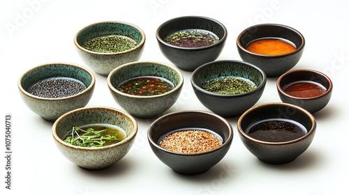 Aromatic sauces in assorted small bowls. photo