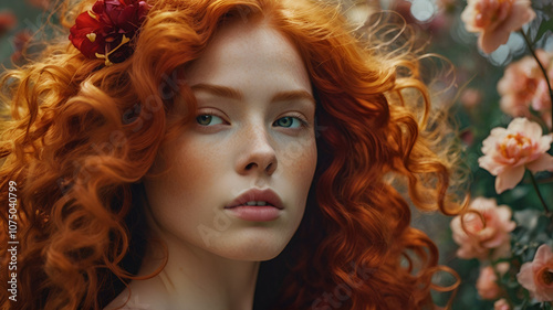 A fiery-haired woman adorned with vibrant blooms nestled in her tresses. Her hair shines like molten embers, and the flowers beam in rich hues of scarlet and gold. 