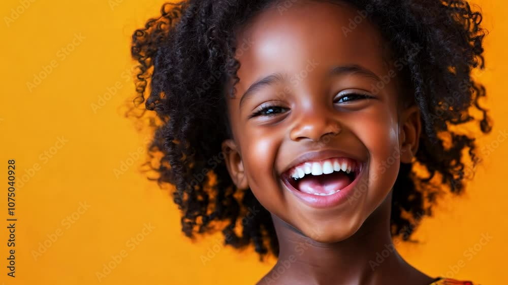 A young girl with curly hair is smiling and wearing a colorful dress A young girl with curly hair is smiling and wearing a colorful dress
