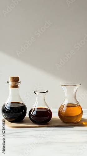 Elegant glass containers with various liquids. photo