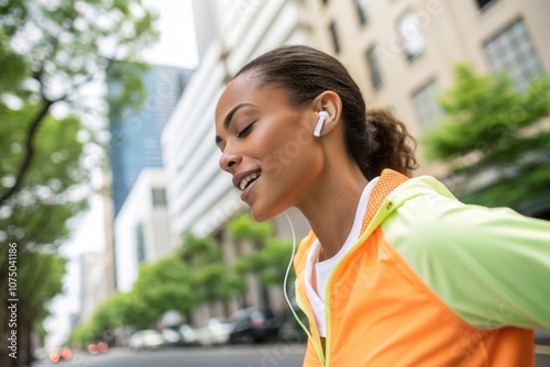 A woman runs through a bustling city street, enjoying her workout while listening to music. She wears a bright athletic jacket and wireless earphones, completely immersed in her activity amid the urba