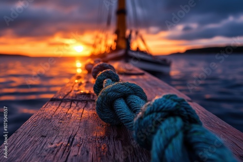 A tightly knotted rope on a boat deck with the golden glow of sunset reflecting on wood and water, capturing a sense of journey and adventure ahead.