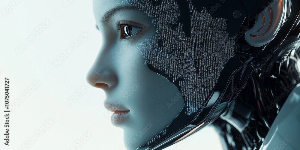 Half Face of a Female Robot with Flowing Data Codes Representing AI Data Processing and Technology. A Photorealistic, Futuristic Depiction of Artificial Intelligence and Human-like Robotics Half Face of a Female Robot with Flowing Data Codes Representing AI Data Processing and Technology. A Photorealistic, Futuristic Depiction of Artificial Intelligence and Human-like Robotics