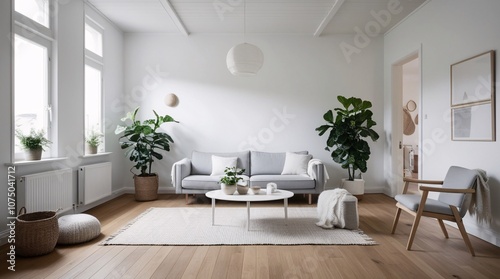 This cozy living room features a bright atmosphere with large windows bringing in natural light. Modern sofas are surrounded by indoor plants, creating a serene and inviting space