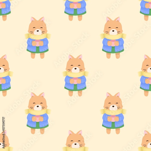 Orange cat pattern holding a glass of water in winter clothes