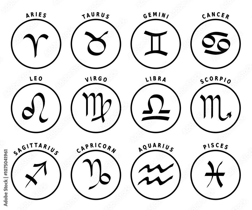 Signes du Zodiaque / 12 Icônes d'Astrologie avec leurs Noms en Anglais