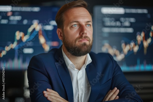 Wallpaper Mural Thoughtful businessman with beard and folded arms looking at stock market charts on screens, contemplating financial trends and investment strategies. Torontodigital.ca
