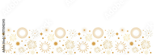 Gold firework vector banner, seamless repeating pattern for new year celebration, greeting card decoration element, simple golden border design, isolated on white background