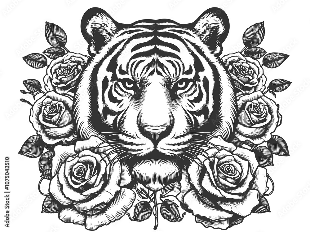 Obraz premium roaring tiger surrounded by blooming roses, tattoo. Fierce wildlife with delicate floral elements sketch engraving generative ai raster illustration. Scratch board imitation. Black and white image.