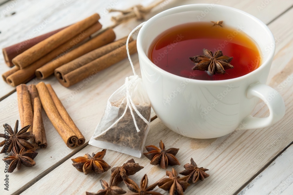A warm cup of spiced tea is placed on a wooden table, surrounded by cinnamon sticks and star anise pods, with a tea bag resting nearby. The inviting aroma fills the air, creating a cozy atmosphere per A warm cup of spiced tea is placed on a wooden table, surrounded by cinnamon sticks and star anise pods, with a tea bag resting nearby. The inviting aroma fills the air, creating a cozy atmosphere per