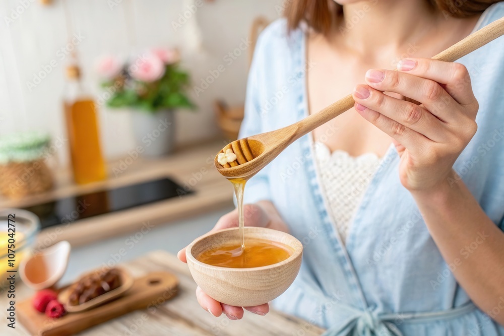 A woman in a light blue outfit holds a wooden spoon with honey above a small bowl. She is in a cozy kitchen filled with fresh ingredients and decorative plants, preparing a healthy meal or remedy. A woman in a light blue outfit holds a wooden spoon with honey above a small bowl. She is in a cozy kitchen filled with fresh ingredients and decorative plants, preparing a healthy meal or remedy.
