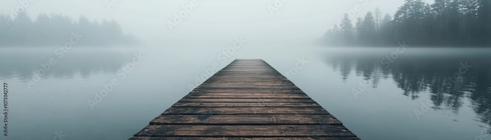 Fototapeta premium A serene wooden dock extending into a foggy lake, surrounded by trees, creating a peaceful atmosphere for reflection and tranquility.
