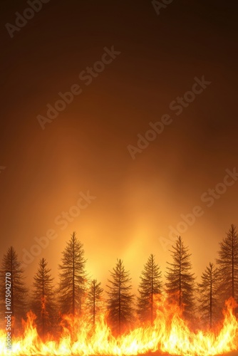 A dramatic scene of a forest fire with towering flames and silhouetted trees against a glowing orange sky, highlighting the intensity of wildfire.