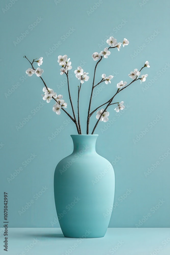 White Flowers in a Blue Vase on a Turquoise Background. White Flowers in a Blue Vase on a Turquoise Background.