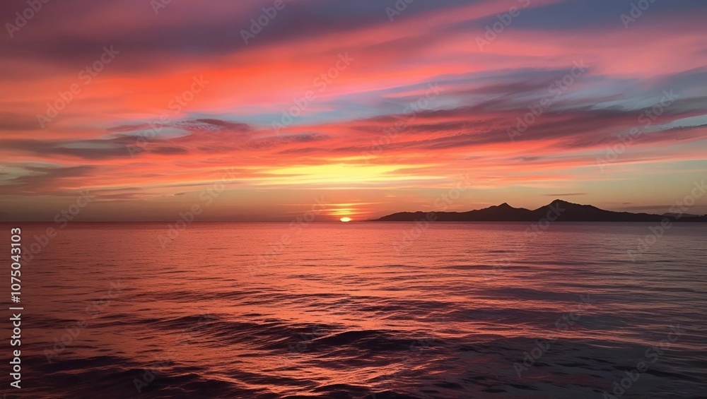 Obraz premium stunning sunset over the ocean with pink, orange, and purple skies. Waves gently reflect the colors as the sun sets, creating a peaceful, scenic view. Generative ai 